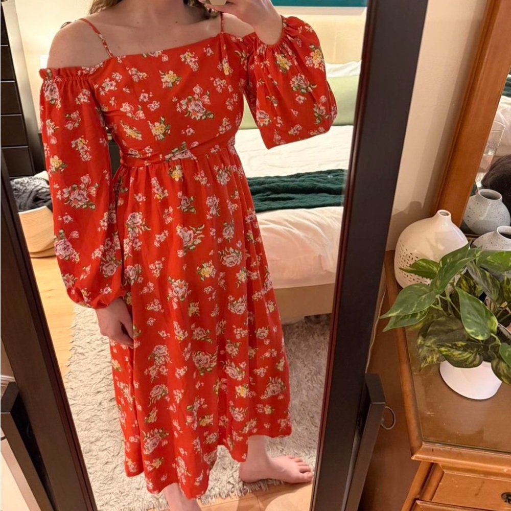 Floral Orange Spring Off the Shoulder Long Sleeve Midi Dress